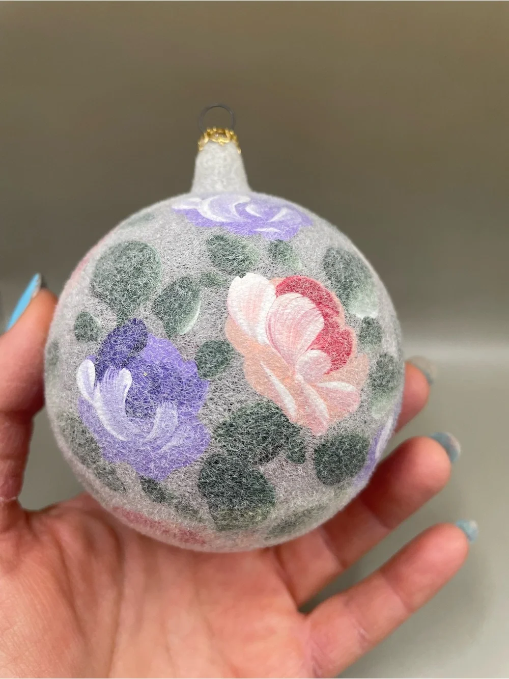 Vintage ITALY Flocked Floral Round Christmas 4” Ornament Ball Pink Purple